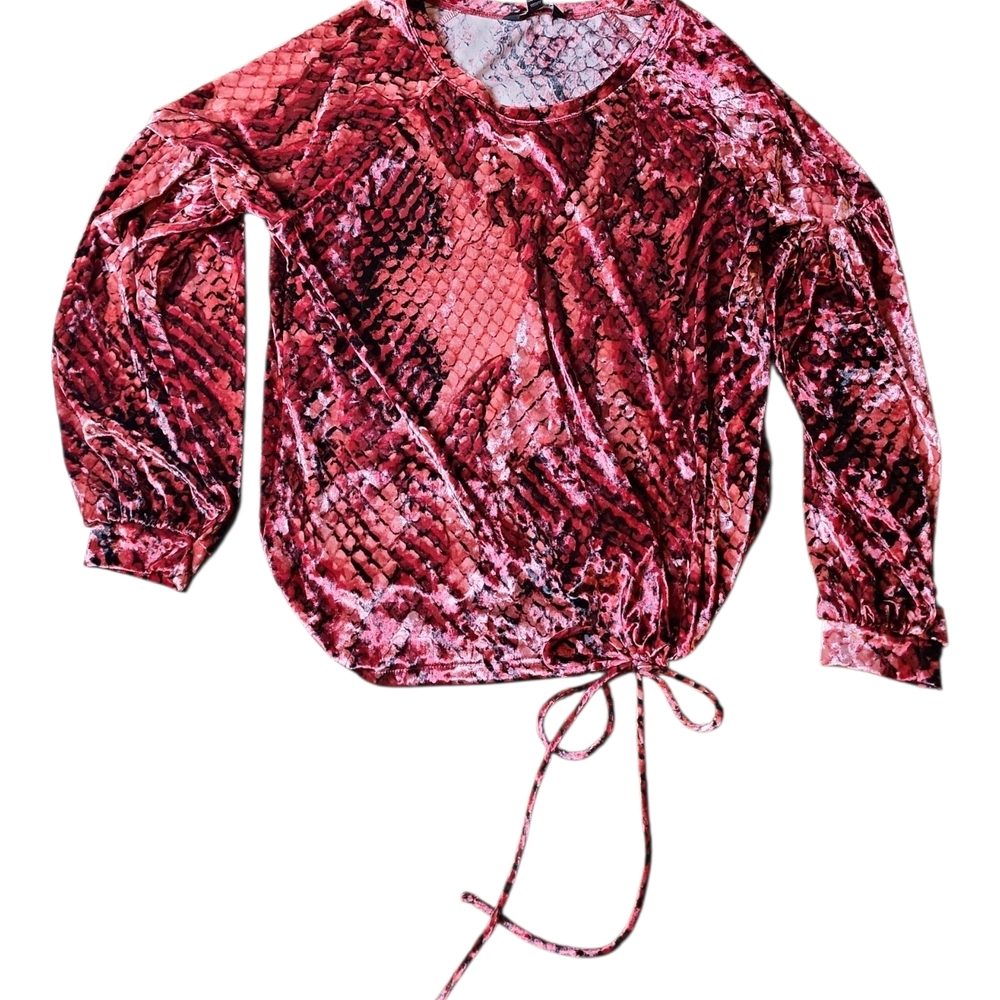PROJECT RUNWAY |‎ Red Velvet Snakeskin Ruched Drawstring Balloon Sleeve Top | M - Picture 2 of 9